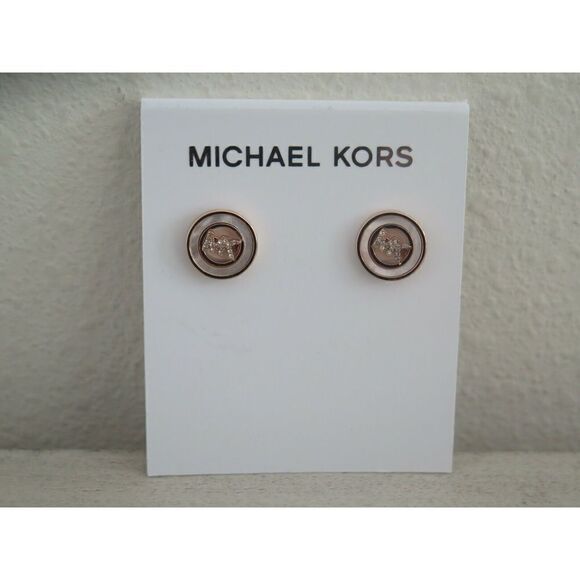 Michael Kors MKJ7764710 Monogram Mop Stud Earrings Gold Crystals MK Logo - Picture 4 of 7